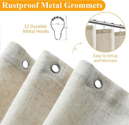 Extra Long Light Beige Linen Shower Curtain 84 Inch Long Weighted Fabric Bath Shower Curtain Set with Hooks, XLong Tall Country Farmhouse Curtains for Bathroom, 72x84