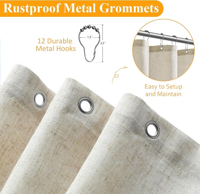 Light Beige Linen Shower Curtain, Country Boho Farmhouse Bath Decor Shower Curtains for Bathroom Neutral Cloth Weighted Textured Fabric Bath Curtain with Hooks, Light Beige, 72 Inch