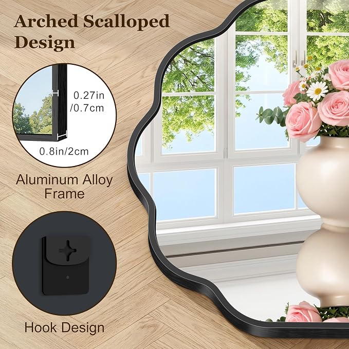 Arched Scalloped Mirror, 18×24Inch Black Mirror for Bathroom, Wavy Wall Mounted Vanity Mirror with Aluminum Alloy Frame for Livingroom Bedroom and Entryway, Tempered Glass