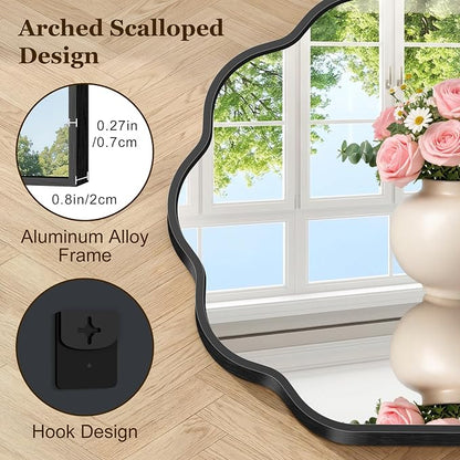 Arched Scalloped Mirror, 18×24Inch Black Mirror for Bathroom, Wavy Wall Mounted Vanity Mirror with Aluminum Alloy Frame for Livingroom Bedroom and Entryway, Tempered Glass