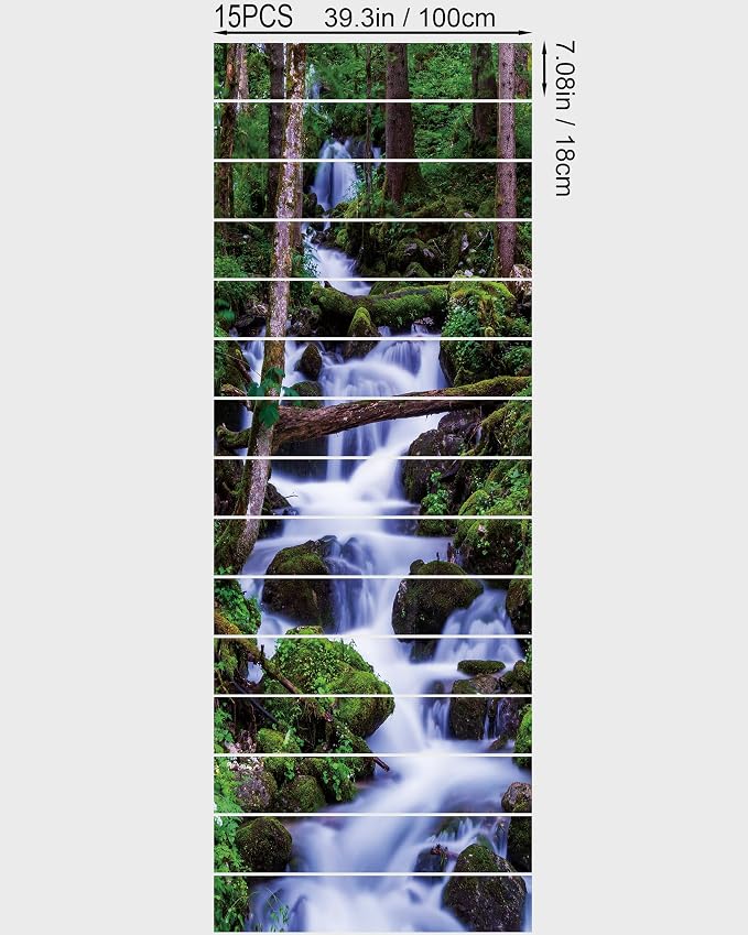 FLFK Waterfall Stair Stickers - Set of 15, Peel and Stick Stair Riser Decals, 39.3"x7.08"