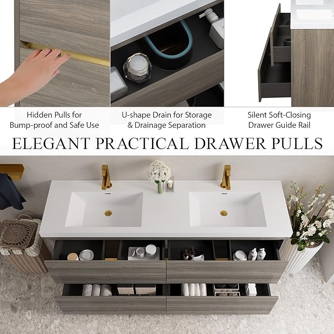 72" Freestanding Bathroom Vanity with 2 Sinks, Storage Cabinet with Stone Resin Countertop, 4 Soft Close Drawers, Espresso Wood, Pre-Assembled Base, Ash Grey