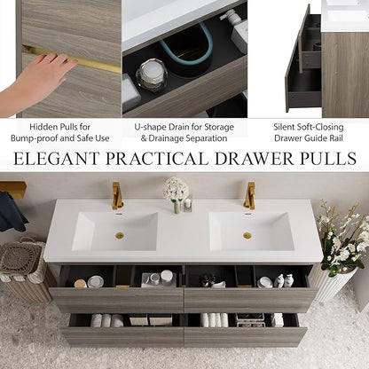 72" Freestanding Bathroom Vanity with 2 Sinks, Storage Cabinet with Stone Resin Countertop, 4 Soft Close Drawers, Espresso Wood, Pre-Assembled Base, Ash Grey