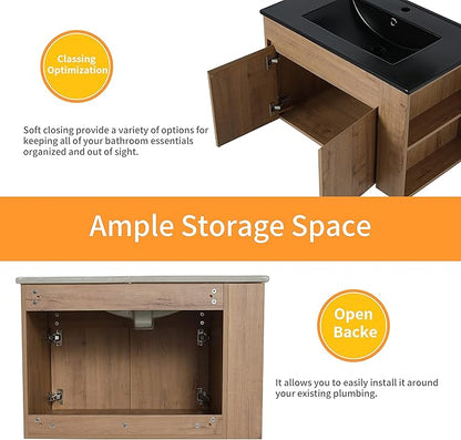 30 Inch Bathroom Vanity with White Sink Combo, Wall-Mounted Bathroom Vanity 2 Door&Adjustable Shelf,Modern Floating Bathroom Cabinet with Black Top Basin & Storage Cabinet,Brown