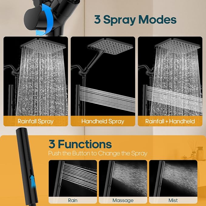 High Pressure Rain Shower Head with Handheld Combo, 10 Inch Square Rainfall Showerhead, Adjustable Slide Bar Dual Shower System, 3 Spray Modes, 59" Stainless Steel Hose, Matte Black