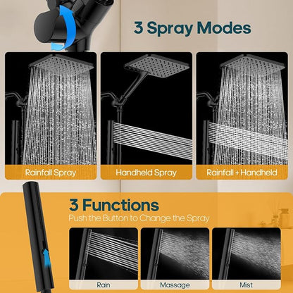 High Pressure Rain Shower Head with Handheld Combo, 10 Inch Square Rainfall Showerhead, Adjustable Slide Bar Dual Shower System, 3 Spray Modes, 59" Stainless Steel Hose, Matte Black