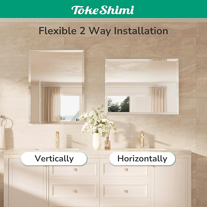 TokeShimi 30x36 Beveled Bathroom Mirror Frameless, Rectangle Bathroom Vanity Mirror with 1" Beveled Edge, Shatterproof Modern Mirrored Wall Decor for Living Room, Entryway, Bedroom