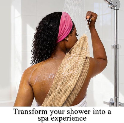 Authentic African Net Sponge, 2 Pack 45-Inch Exfoliating Bath Sponge and Shower Loofah for Body and Back, Colorfast Quick-Dry Knotted Mesh Scrubber with Travel Pouch(Golden & Milky White)