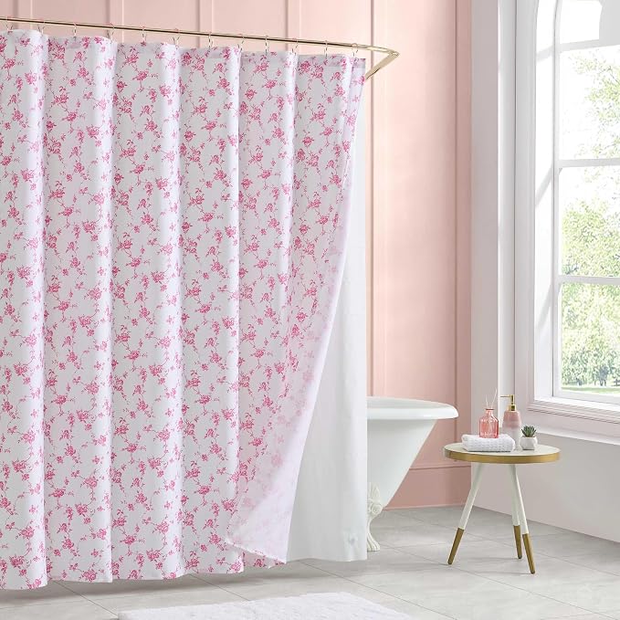 Betsey Johnson - Shower Curtain Set, 72 x 72 Bathroom Curtain with PEVA Shower Liner and 12 Pack Hooks, Soft Textured Polyester Curtain, Floral Toile Pink