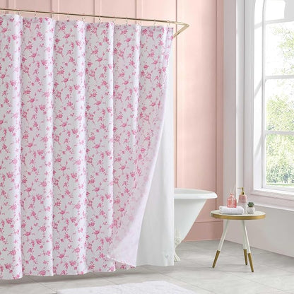 Betsey Johnson - Shower Curtain Set, 72 x 72 Bathroom Curtain with PEVA Shower Liner and 12 Pack Hooks, Soft Textured Polyester Curtain, Floral Toile Pink