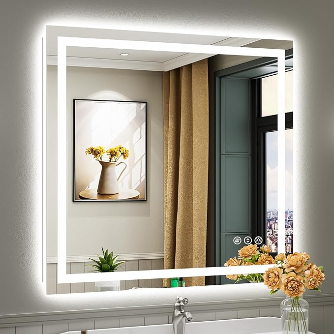 40x38 Inch LED Bathroom Mirror with Lights, Backlit & Front Lit, Anti-Fog Lighted Bathroom Vanity Mirror for Wall, Memory Function, Dimmable, HD Tempered Glass, Shatter-Proof