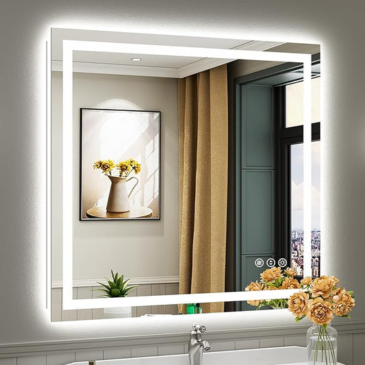 40x38 Inch LED Bathroom Mirror with Lights, Backlit & Front Lit, Anti-Fog Lighted Bathroom Vanity Mirror for Wall, Memory Function, Dimmable, HD Tempered Glass, Shatter-Proof