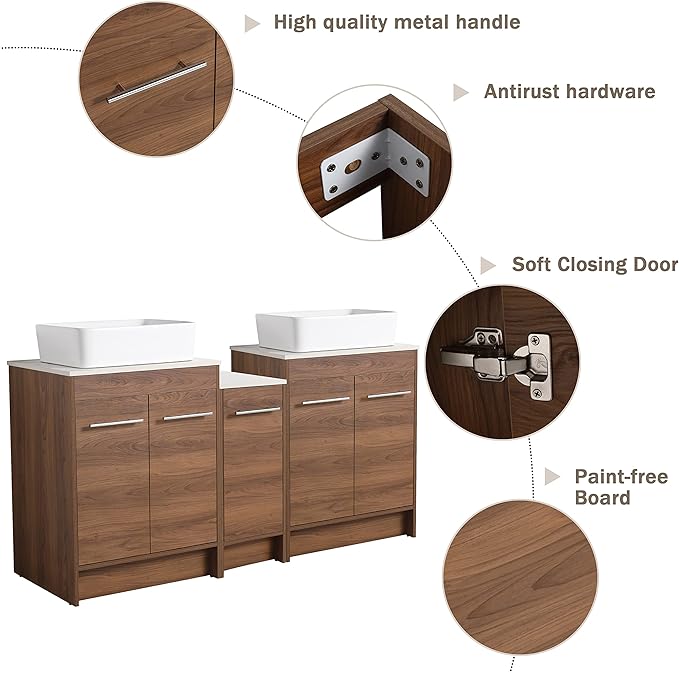 60" Bathroom Vanity, 60 Inch Freestanding Vanity with Ceramic Vessel Sink, Double Sink Bathroom Vanity Combo, Brown Modern Floor Standing Cabinet Set (BRE110, 60 * 18)