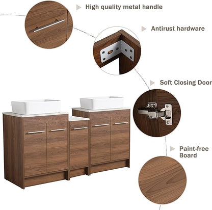 60" Bathroom Vanity, 60 Inch Freestanding Vanity with Ceramic Vessel Sink, Double Sink Bathroom Vanity Combo, Brown Modern Floor Standing Cabinet Set (BRE110, 60 * 18)