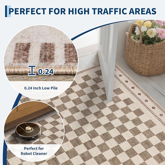 Garvee Washable 5x7 Rugs for Living Room Beige Checkered Non Slip | Low Pile Bedroom Rugs Geometric Low Pile Stain Resistant Carpet for Nursery Office Dining Room Classroom 5'x7' Beige