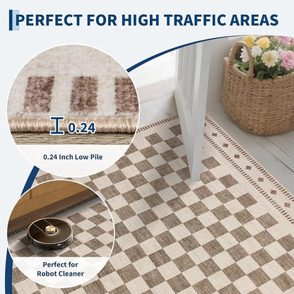 Garvee Washable 5x7 Rugs for Living Room Beige Checkered Non Slip | Low Pile Bedroom Rugs Geometric Low Pile Stain Resistant Carpet for Nursery Office Dining Room Classroom 5'x7' Beige