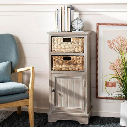 SAFAVIEH Home Collection – Connery White Washed Storage Cabinet with Rattan Baskets & Bottom Door, Farmhouse Accent Storage, Fully Assembled (AMH5742E)