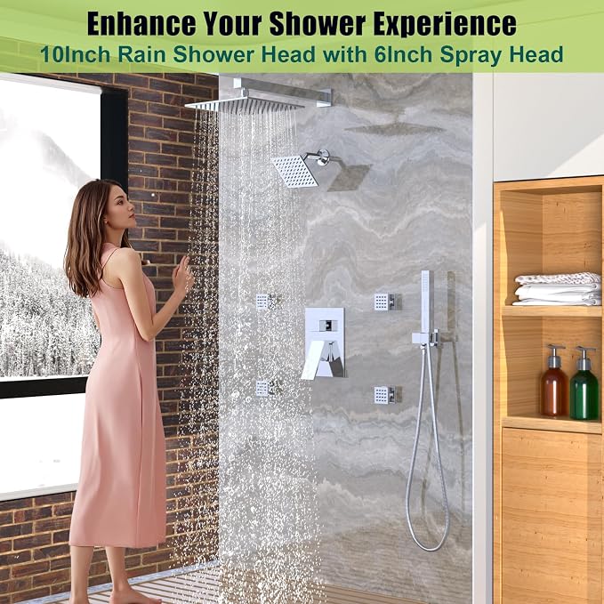 Enga Dual Heads Shower System with Body Jets, Shower Faucet Set 10 Inch Rainfall with 6 Inch Showerhead, 4 Body Jets with 2 in 1 Handheld Spray, Chrome