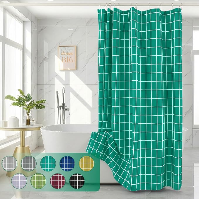 Fabric Farmhouse Shower Curtain-Extra Long Cloth Shower Curtains Bathroom | 72"Wx84"L Turquoise Faux Linen Grid Minimalist Simple Rustic Neutral Shower Curtain-Geometric Plaid Washable Hotel Quality