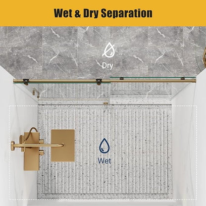 Shower Glass Door with Waterroof Seal Strip (56-60" W x 75 "H), Frameless Shower Sliding Door with Clear SGCC Tempered Glass 5/16" (8mm), Stainless Steel Hardware, Gold
