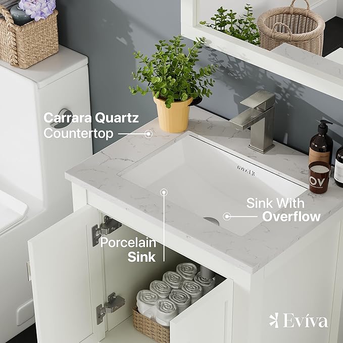 Eviva London 24 in. White Single Sink Bath Vanity with Carrara Quartz Top