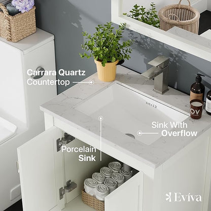 Eviva London 24 in. White Single Sink Bath Vanity with Carrara Quartz Top