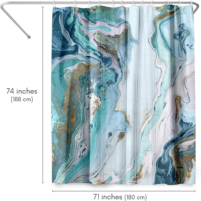 Americanflat 71x74 Marble Shower Curtain - Water-Resistant Long Shower Curtain with Durable Metal Grommets and 12 Hooks - 100% Polyester - Turquoise, Light Blue, Navy Blue, White and Gold