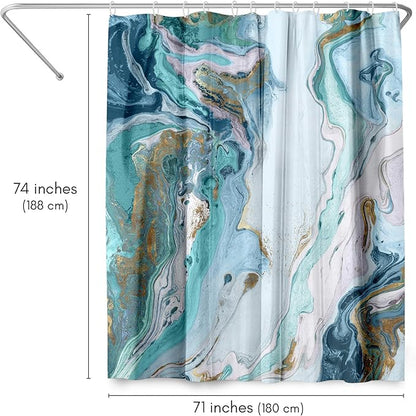 Americanflat 71x74 Marble Shower Curtain - Water-Resistant Long Shower Curtain with Durable Metal Grommets and 12 Hooks - 100% Polyester - Turquoise, Light Blue, Navy Blue, White and Gold