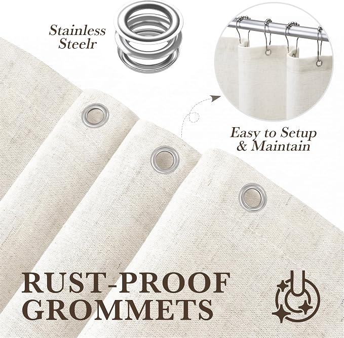 Seasonwood Cream Linen Shower Curtain Farmhouse Bathroom Decor 72x78 Inches | Boho Bathroom Decor,12 Sturdy Stainless Steel Sliding Hangers,Rustic Country Style,Linen Shower Curtains for Bathroom
