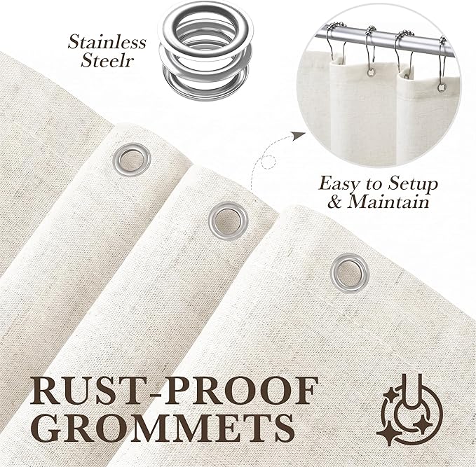 Seasonwood Cream Linen Shower Curtain Farmhouse Bathroom Decor 72x96 Inches | Boho Bathroom Decor,12 Sturdy Stainless Steel Sliding Hangers,Rustic Country Style,Linen Shower Curtains for Bathroom