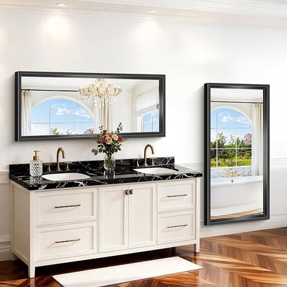Black Rectangle Mirror, 60 x 28 Inch Large Bathroom Mirrors for Over Sink, 0.6" Thickened Deep Frame, Rectangular Wall Mirror, Brushed, Tempered Glass, Antirust, Horizontally or Vertically