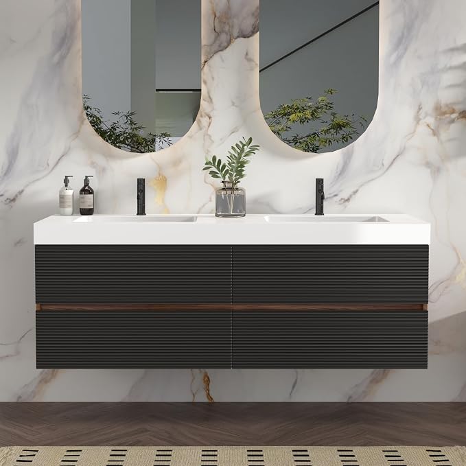 60" Pre-Assembled Floating Vanity with Double White Sink, Walnut | Modern Floating Double Sink Bathroom Vanity with Integrated Engineered Stone Top & Soft-Closing Drawers, Two-tone Cabinet