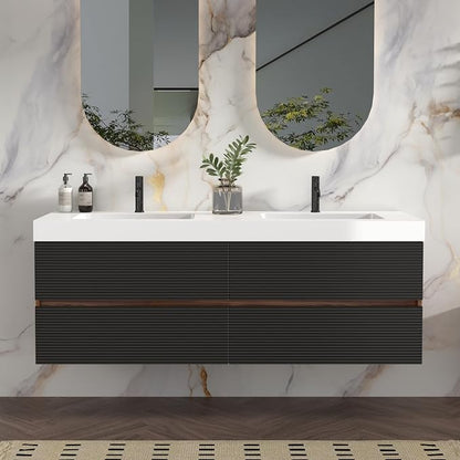 60" Pre-Assembled Floating Vanity with Double White Sink, Walnut | Modern Floating Double Sink Bathroom Vanity with Integrated Engineered Stone Top & Soft-Closing Drawers, Two-tone Cabinet