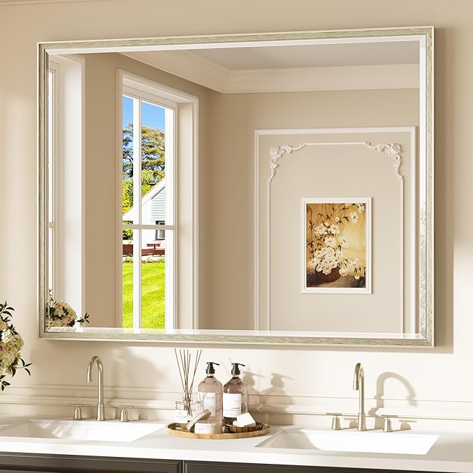 Keonjinn 48"x36" Brushed Nickel Bathroom Vanity Mirror Wall, Aluminum Alloy | HD Tempered Glass with Beveled Edge, Secure French Cleat, Shatterproof, Silver Framed Bathroom Mirrors for Over Sink, Hallway