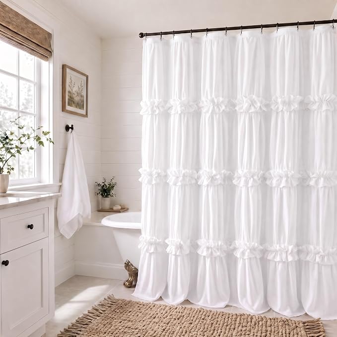 Cute White Ruffle Shower Curtain Vintage Farmhouse Linen 72" W x 72" H | Linen Blend Fabric, Ruffle Bow and Ruffled Hem，Linen Texture，Machine Washable，12 Metal Holes and Plastic Hooks