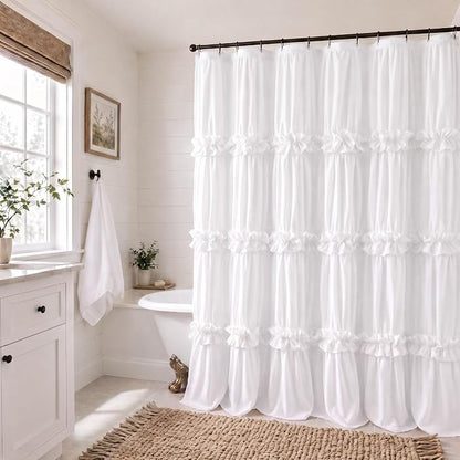 Cute White Ruffle Shower Curtain Vintage Farmhouse Linen 72" W x 72" H | Linen Blend Fabric, Ruffle Bow and Ruffled Hem，Linen Texture，Machine Washable，12 Metal Holes and Plastic Hooks
