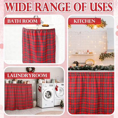 Hahafelt Self-Adhesive Sink Skirt, 55"x32" Waterproof Fabric Under Sink Cover with Diamond Stitch, Hide Pipes & Storage for Bathroom, Kitchen, Laundry Room, Rental Home Decor(Tartan)