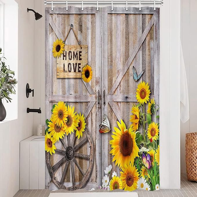 Rustic Spring Summer Sunflowers Butterfly Shower Curtain for Bathroom, Wooden Board Western Barn Door Farmhouse Bath Curtain, Fabric Vintage Daisy Floral Botanical Decor Curtain with Hooks, 54X70IN