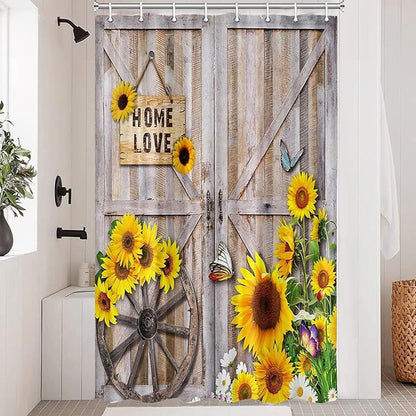 Rustic Spring Summer Sunflowers Butterfly Shower Curtain for Bathroom, Wooden Board Western Barn Door Farmhouse Bath Curtain, Fabric Vintage Daisy Floral Botanical Decor Curtain with Hooks, 48X70IN