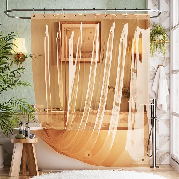 Bathway Shower Curtain Liner, Clear Shower Curtain Liner 72x72 PEVA Waterproof Shower Curtain Liner Plastic with 3 Magnets and 12 Rustproof Metal Grommets, Lightweight Orange Amber Shower Liner