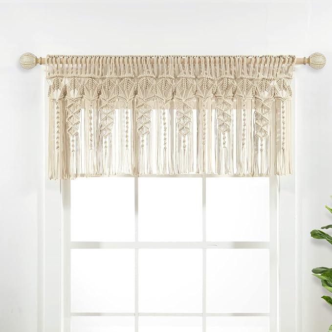 Lush Decor Boho Macrame Textured Cotton Valance, 50" W x 20" L, Neutral - Boho Kitchen Curtains & Wall Decor - Macrame Valance - Bathroom Window Curtains