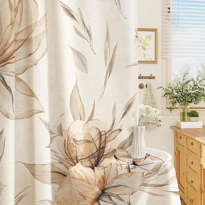 Light Brown Floral Linen Shower Curtain, Watercolor Botanical, 72 x 72 | Boho Floral Design, Watercolor Botanical Style, Ink Painting Flowers & Leaves, Linen Blend Fabric Curtain