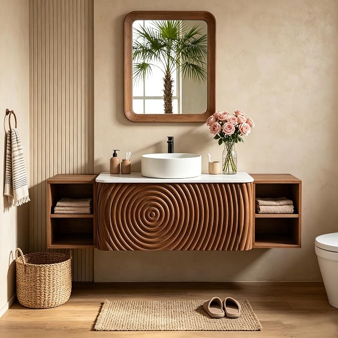 60" Floating Bathroom Vanity with Sink, Mid-Century Wall Mounted Bathroom Vanity Cabinet with Wood Waved Decor,Ceramic Vessel Basin and Sintered Stone Top, Soft Close Drawer, 2 Side Open Cube