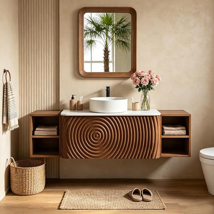 60" Floating Bathroom Vanity with Sink, Mid-Century Wall Mounted Bathroom Vanity Cabinet with Wood Waved Decor,Ceramic Vessel Basin and Sintered Stone Top, Soft Close Drawer, 2 Side Open Cube