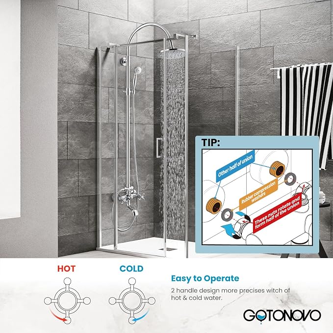 gotonovo Exposed Shower Faucet with Spout Polished Chrome,Curved Pipe | Brass Bathroom Exposed Shower System,8’’ Rain Head,Swivel Tub Spout 2 Cross Handle,Adjustable Handheld Sprayer,Wall Mount