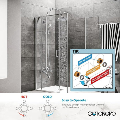 gotonovo Exposed Shower Faucet with Spout Polished Chrome,Curved Pipe | Brass Bathroom Exposed Shower System,8’’ Rain Head,Swivel Tub Spout 2 Cross Handle,Adjustable Handheld Sprayer,Wall Mount