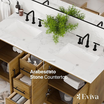 Graham 60 in. Oak Double Sink Bath Vanity with Arabescato Engineered Stone Top and Undermount Porcelain Sinks