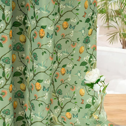 Green Floral Bird Shower Curtain 72x84, Hummingbird and Lemon Botanical Fabric Bath Curtains, Lightweight Quick-Dry Bathroom Decor Set with Hooks