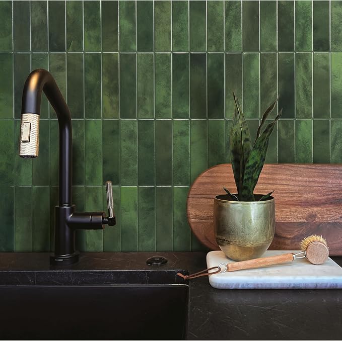 Smart Tiles Peel and Stick backsplash, Stacked Forest Green, 11.43"x9" | Pack of 5 (3.5 sq ft), Glossy, Heat/Moisture Resistant, Low VOC, Kitchen/Bathroom, Renter Friendly, Made in Canada