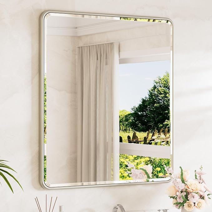 Brushed Nickel Vanity Mirror for Bathroom 32 x 36 Beveled Edge Tempered Glass, Rounded Corner Rectangle Wall Mirror for Modern Bathroom, Living Room, Bedroom, Entryway